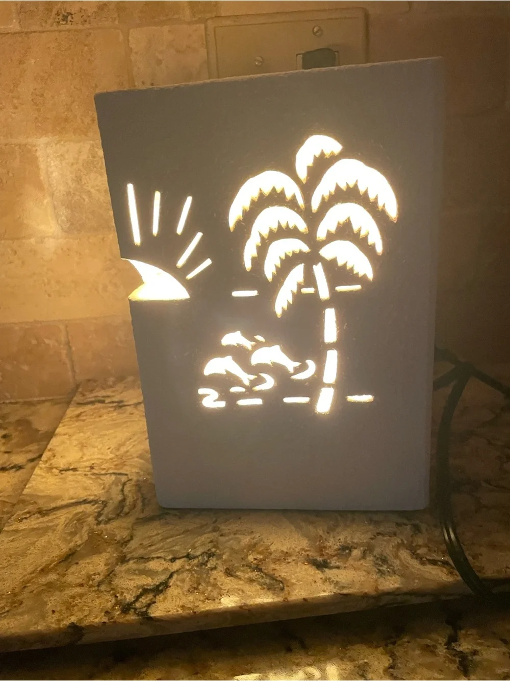 Cream Ceramic Tropical Palm Tree and Dolphin Cutout Wall Decor/Light